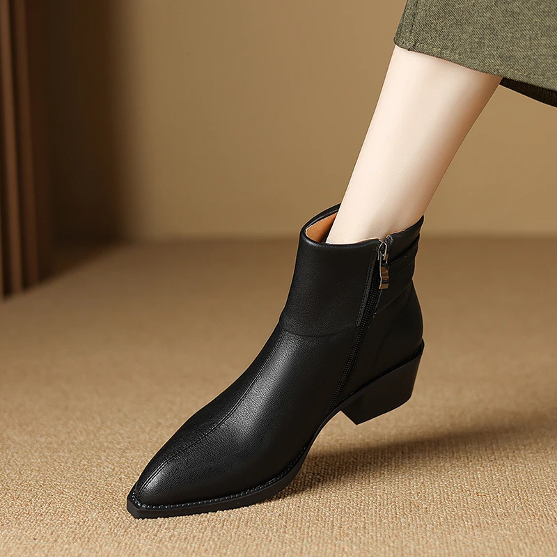 Concise Basic Women Ankle Boots Pointed Toe Mature Shoes Woman Back Zipper 2024 Autumn Winter New Genuine Leather Office Lady