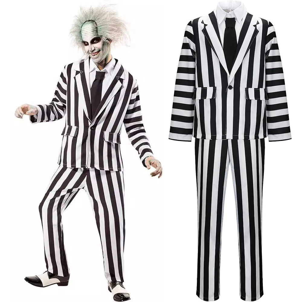 

Movie Juice Beetle Cosplay Costumes Adult Unisex Black White Stripe Suit Uniform Halloween Clown Outfit Performance