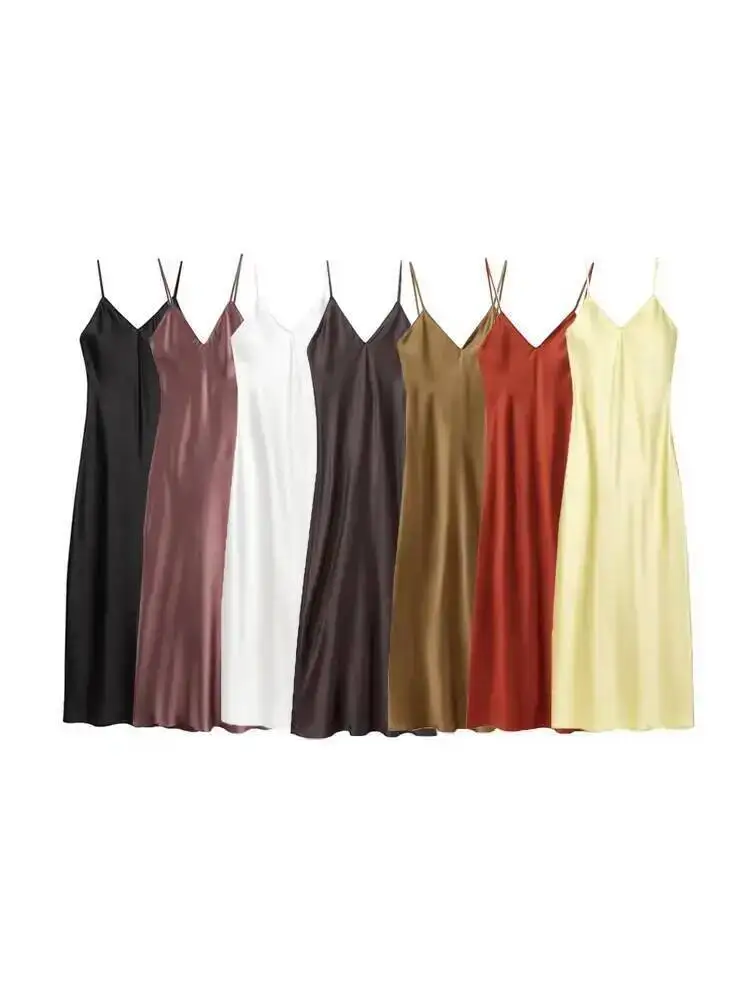 Neue Casual Kleider frauen Satin Midi Kleid V-ausschnitt Dünne Träger Backless Weibliche Kleider Sexy Mode Robe Tops