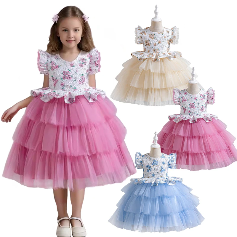 2-10Year Fancy Girl Fluffy Tiered Tulle Cake Floral Dress Child Birthday Elegant Party Dresses Formal Occasion Children Clothing