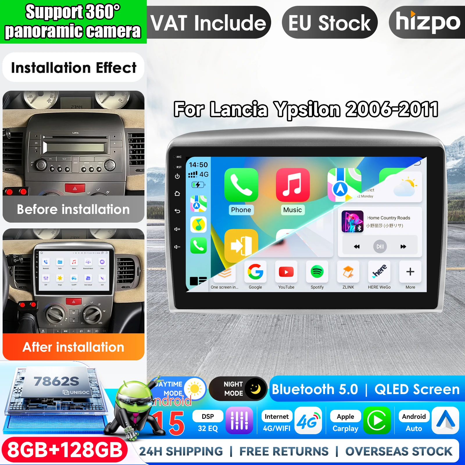 Image of Hizpo 9-Zoll Kabelloses CarPlay Android Auto Autoradio für Lancia Ypsilon 2006 - 2011 Multimedia Kabelloses Apple CarPlay Intelligente Systeme IPS Touchscreen Stereo-Videoplayer 2Din