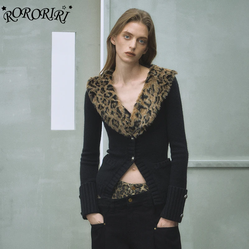 

RORORIRI женский плюшевый кардиган из искусственного меха леопарда, свитер с длинными рукавами и v-образным вырезом, массивная вязаная куртка, пальто, теплая зимняя винтажная одежда