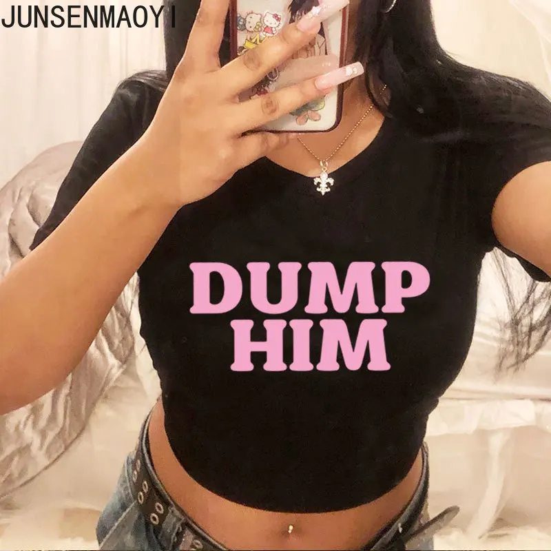 Dump Him Print Pattern Summer Short Sleeve O Neck Solid Color Cropped Navel Women Crop Tops Fashion T-Shirt