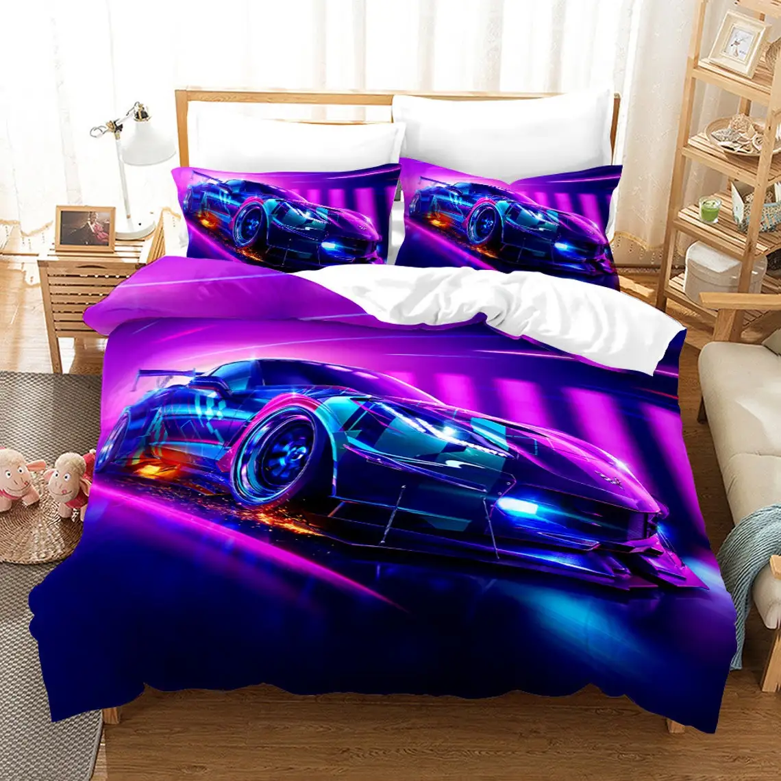 Sport Racing Car Duvet Cover Set Blue Race Car Bedding Set Full Size Boys Blue Flame Extreme Speed Sports Car Comforter Cover