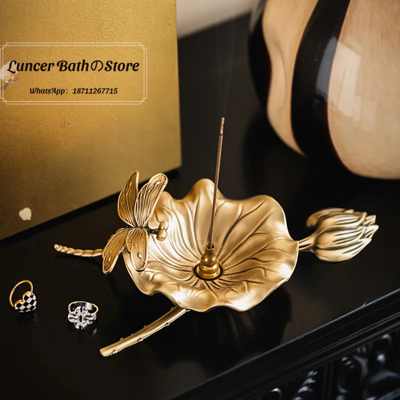 Light Luxury Brass Incense Holder, Lotus Pond Moon Theme Desk Decoration for Living Room, Entryway, Home Censer Stick Burner