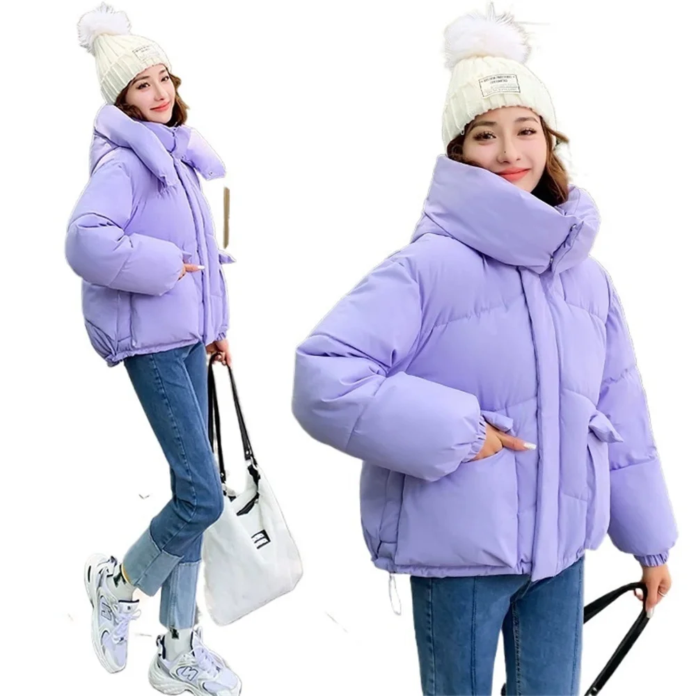 سترة نسائية مبطنة بالقطن من Streetwear معاطف قصيرة كبيرة الحجم فضفاضة بقلنسوة ملابس خبز للطلاب للخريف والشتاء