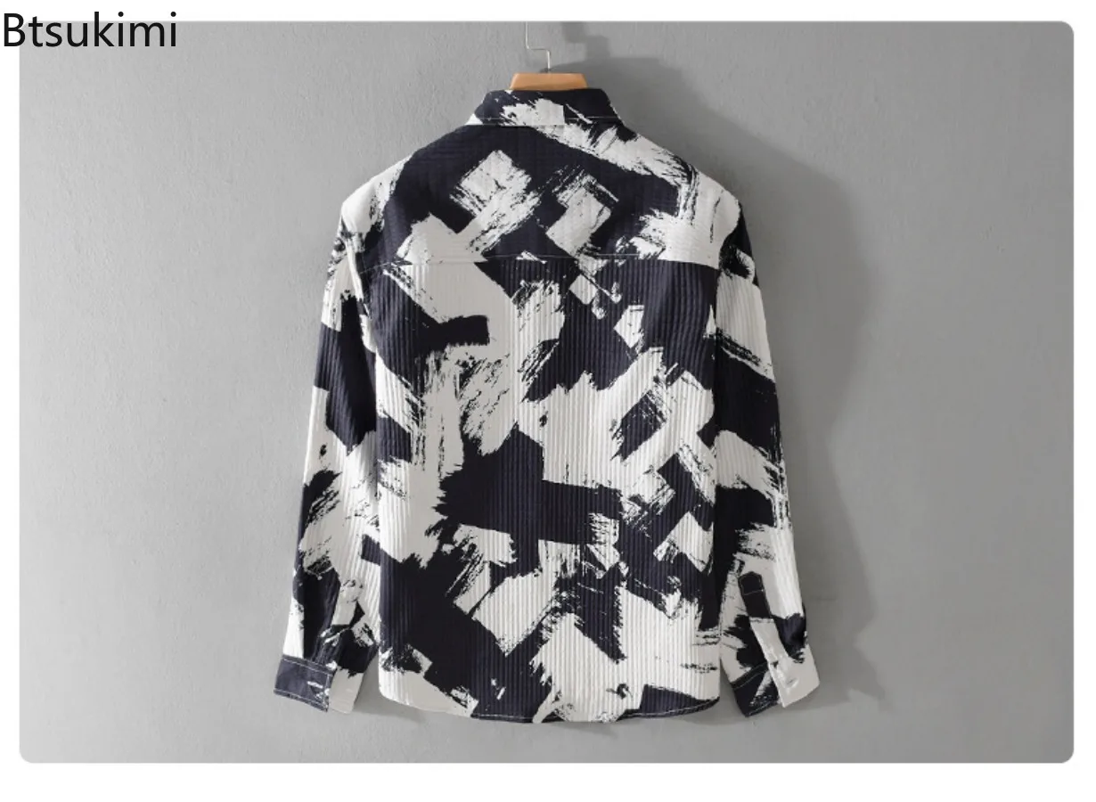 جديد ربيع الخريف الرجال عالية الجودة قمصان طويلة الأكمام موضة التلبيب فضفاض قميص غير رسمي معاطف طباعة مخطط الذكور سترة القمم