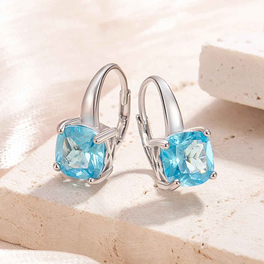 1.4ct Princess Cut Sky Blue Topaz 925 Sterling Silver Square Hoop Earrings for Woman Gemstone Jewelry Wedding Anniversary Gift