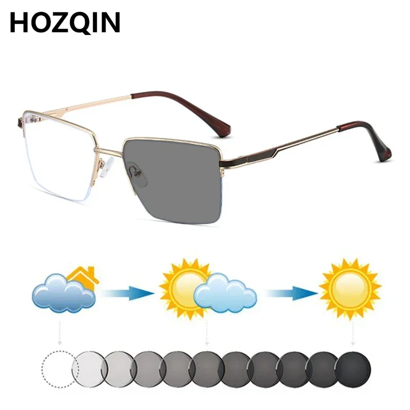 Men Semirim Business Photochromic Myopia Sunglasses Male Metal Square Nearsighted Spectacles Driving Travel Fishing Dark Glasses