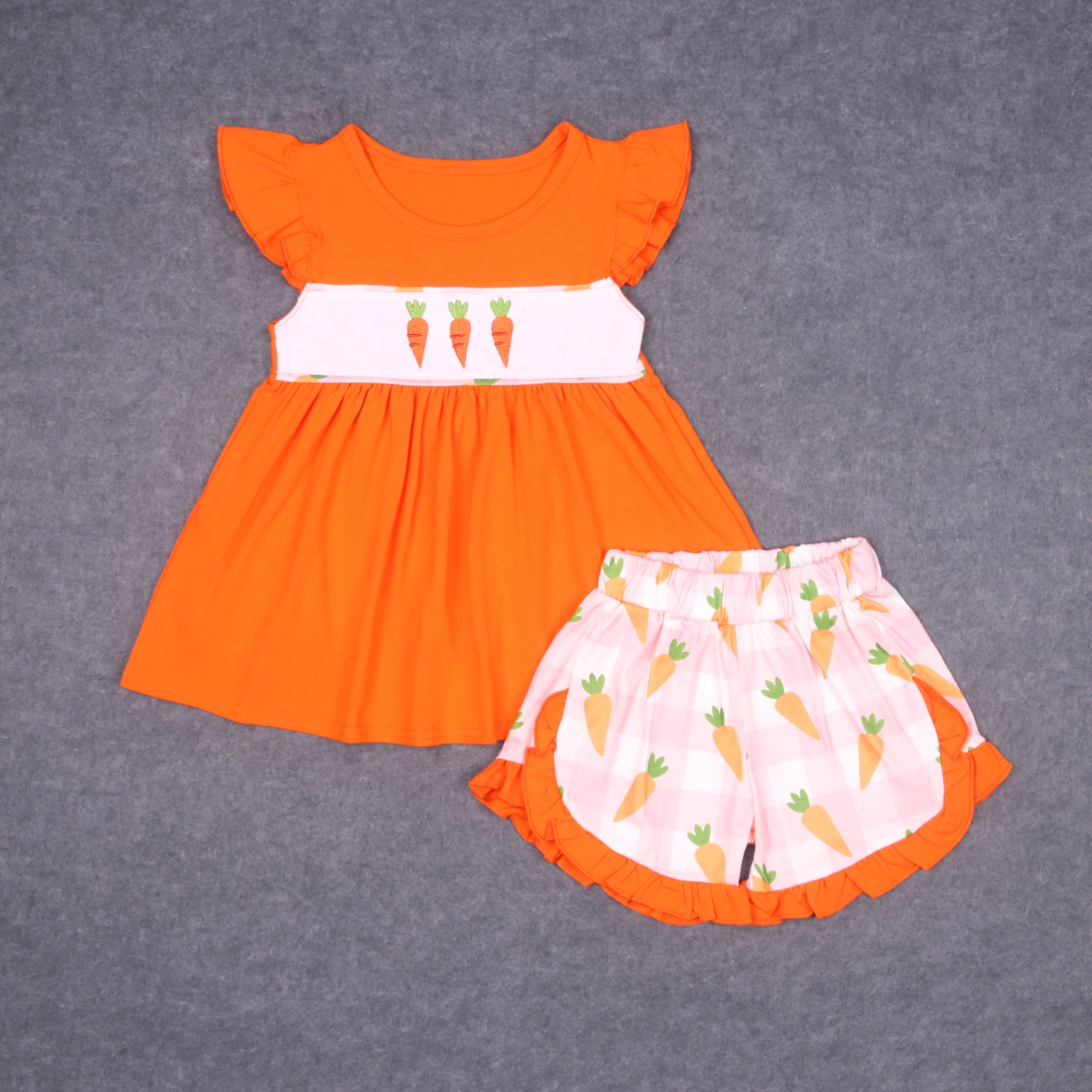 Easter Boutique Short Sleeve T-shirt Round Embroidery Carrot Girl Dress Romper Boy Orange Top Clothes And Lattice Pants