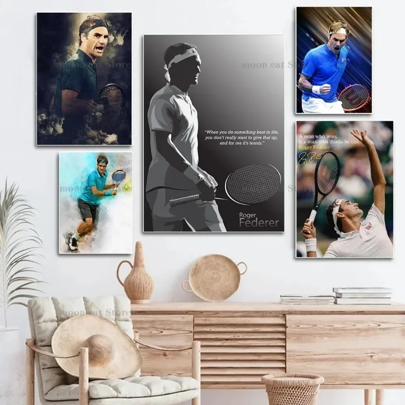 Pintura en lienzo impresa tenis deporte pared imágenes artísticas tenis leyenda Roger Federer retrato firma cartel decoración del hogar regalo