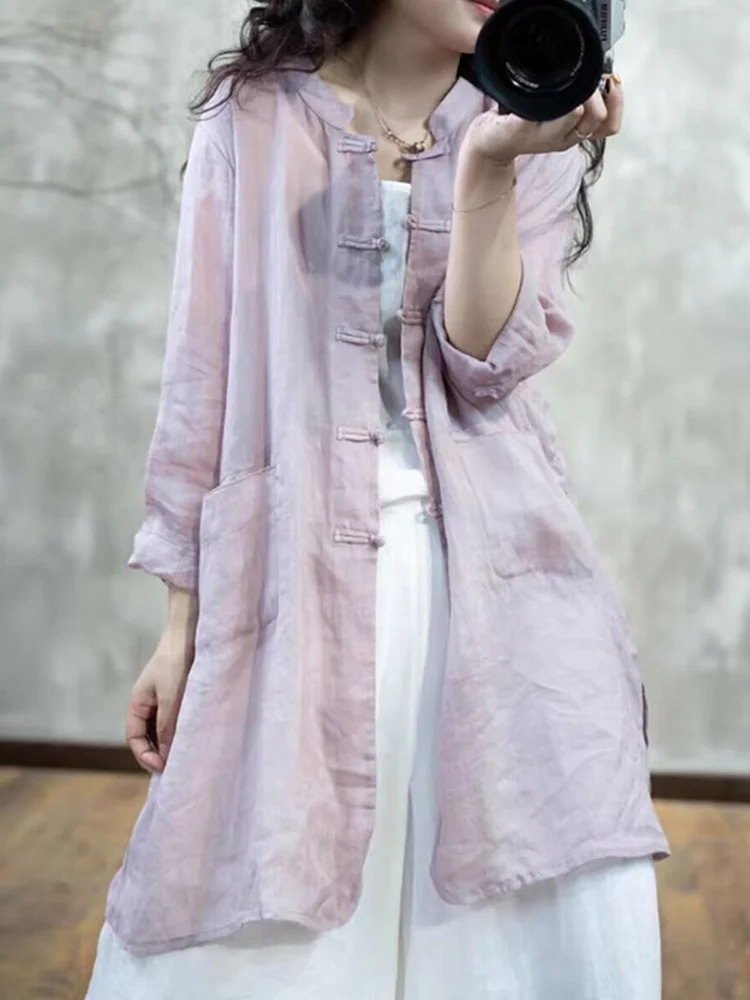 Nieuwe Chinese Sle Dames Linnen Irt Lente 2025, Vintage Nationale Sle Zen Cool Middellange Linnen Open Vest Top