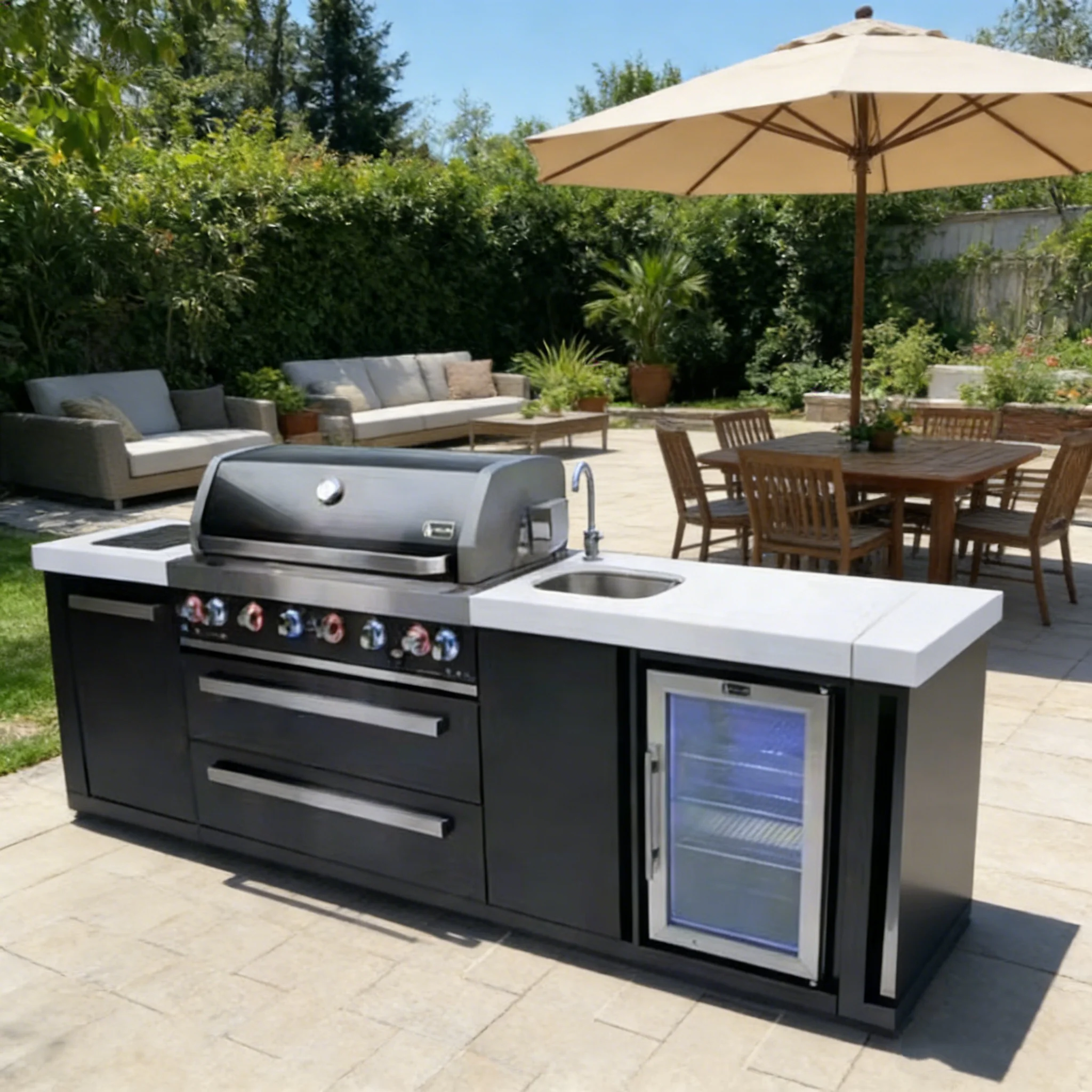 Modern Stainless Steel Outdoor Cabinets Barbecue With Sink Small Refrigerator Cabinet Basket And Other Kitchen Accessories