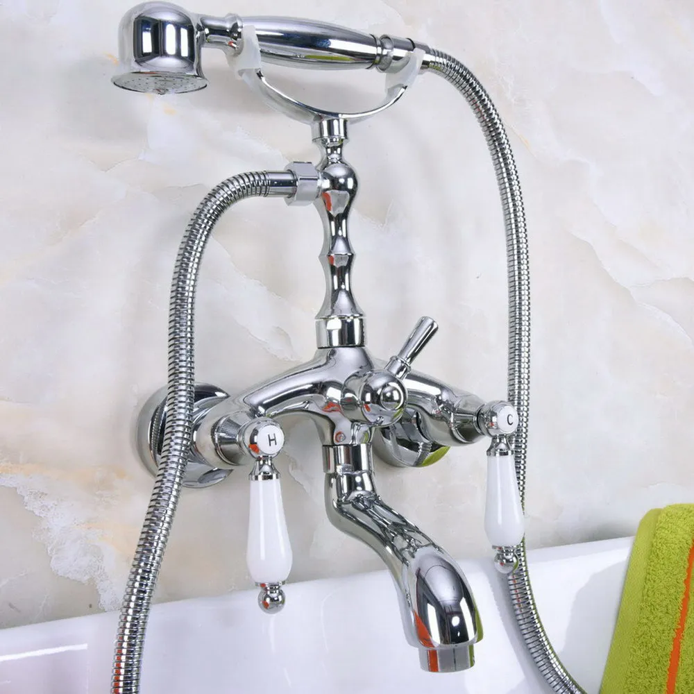 Wall Mounted Chrome Modern Style Bathtub Faucet Dual Handles Mixer Tap with Hand Shower Bna219