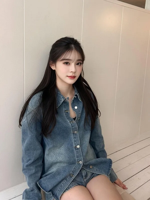 

Retro High-End Denim Jacket And Shorts Set Elegant Complete Outfit Ootd Spring Fashion Women's Comfortable Slim Fit Button up