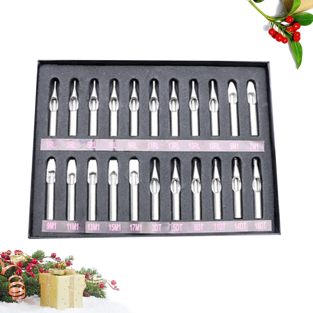 22PCS Machine Nozzle Tips Set Professionele roestvrijstalen snijnaald Mondtips voor tatoeagebenodigdheden (zilver)