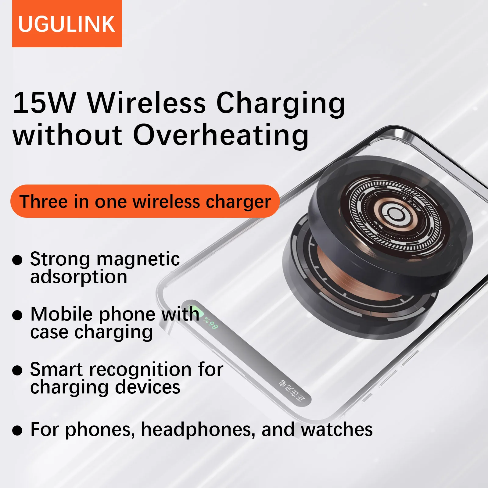 UGULINK15W magnetic three in one wireless bidirectional charger, suitable for iPhone series, smartwatch, headphones