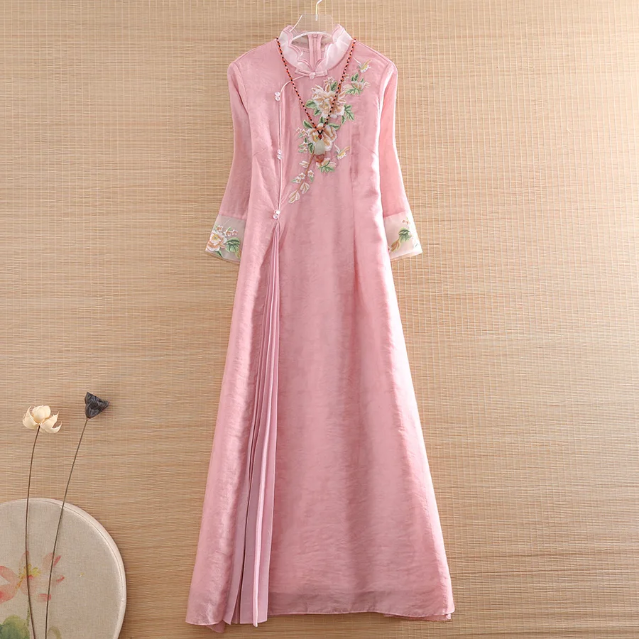 

High-end Spring Summer Women Patchwork Pleats Dress Cheongsam Retro Elegant Embroidery A-line Lady Party Qipao Dress S-XXL