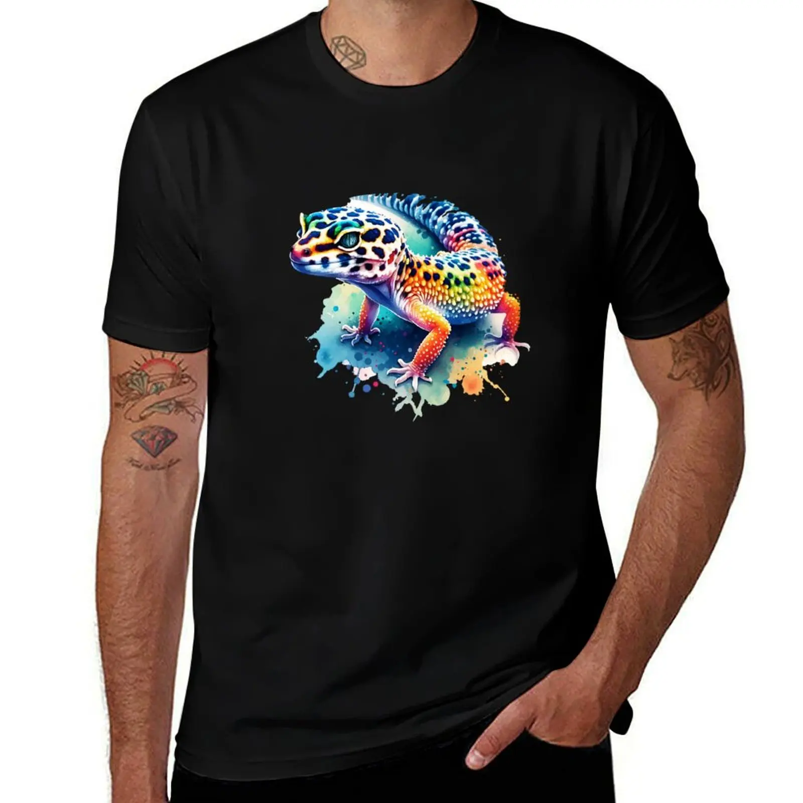 

Watercolor Leopard Gecko T-Shirt street wear luxury designer kawaii clothes plain black t shirts men