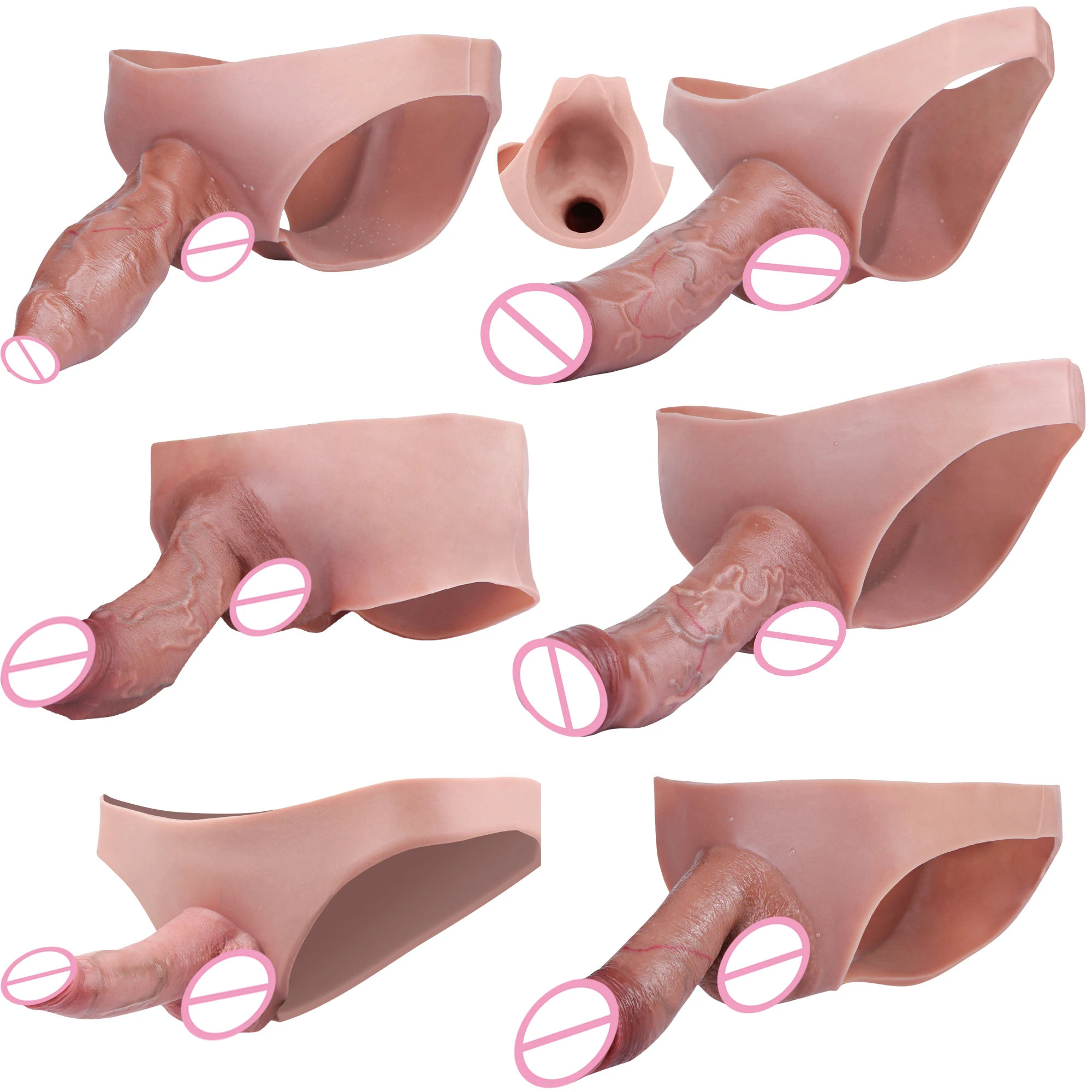 FAAK Strap On  Hollow Dildo Nude Realistic Penis Sleeve Extender Cock Enlarger Wearable Silicone Panties Briefs Sex Toys For Men