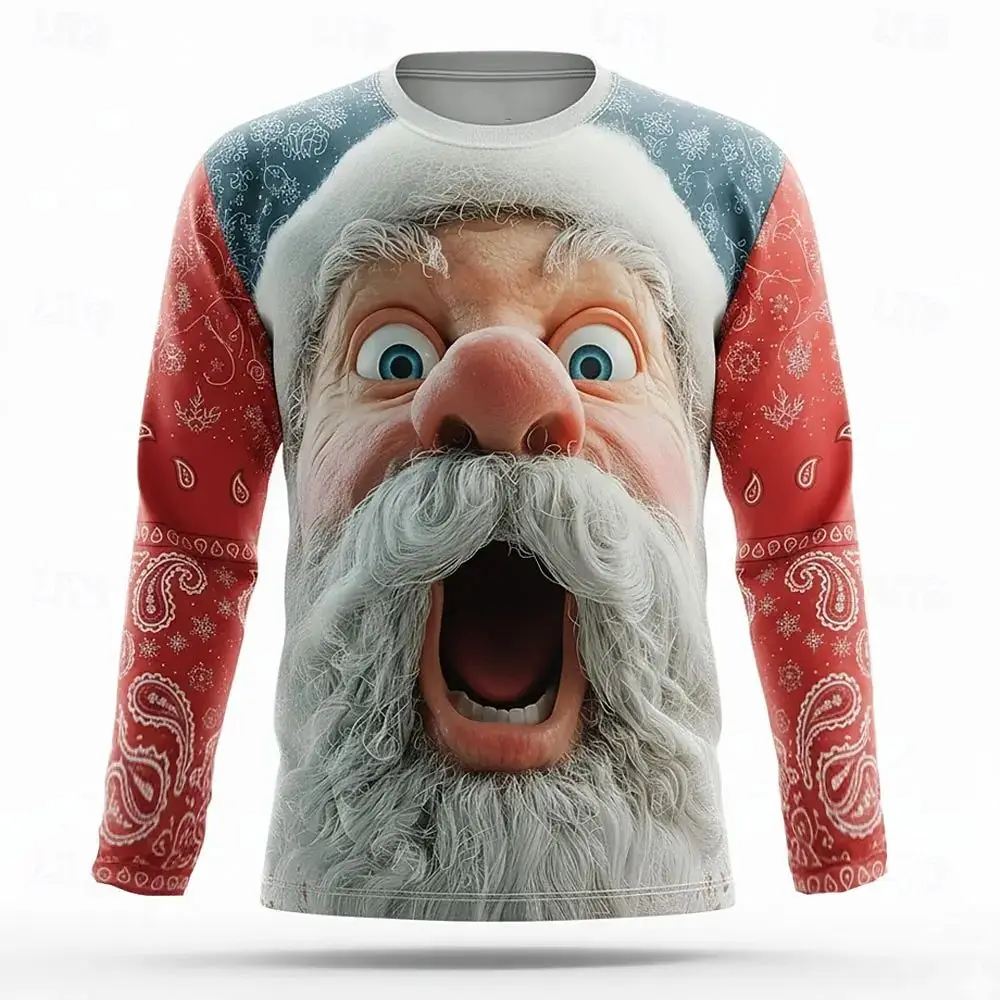 

Men's 3D printed Santa Claus long sleeved T-shirt, round neck T-shirt, fashionable street style casual top