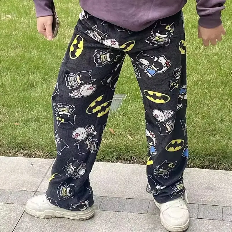 Novo sanrio y2k outono hellokitty batman calças de pijama dos desenhos animados hip hop senhoras quente casual pelúcia estilo natal flanela bonito calças