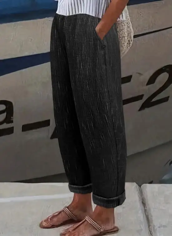 

2026 New Cotton and Linen Imitation Straight Pocket Casual Pants Simple and Versatile Women's Elastic Waist Wide Leg Pants