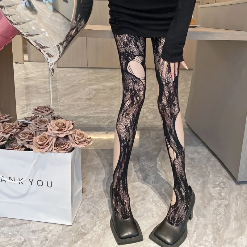 Ripped Pantyhose Hollow-OUT Fishnet Rose Millennium Hot GirlinsTrendy บุคลิกภาพการออกแบบไม่สมมาตรผ้าไหมสีดํา