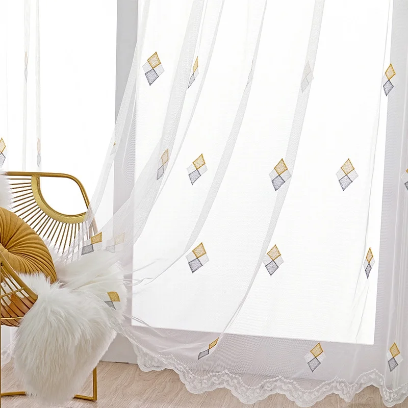 

Simple Geometric Pattern Embroidered Sheer Curtains for Living Room, Bedroom Modern Home Decor Rod Pocket Top Tulle Curtains