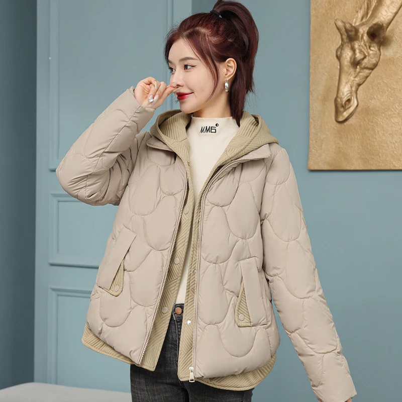 Chaqueta de invierno con capucha para mujer, parka corta falsa de dos piezas, abrigo frío de estilo coreano, novedad de 2023