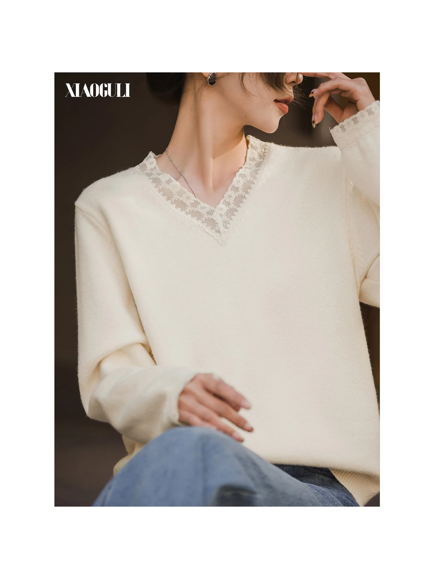 XIAOGULI 2026 Autumn New Women Thin Knit Sweater Lace Splice V-Neck Soft Versatile Daily Knitwear Comfortable Casual Pullover