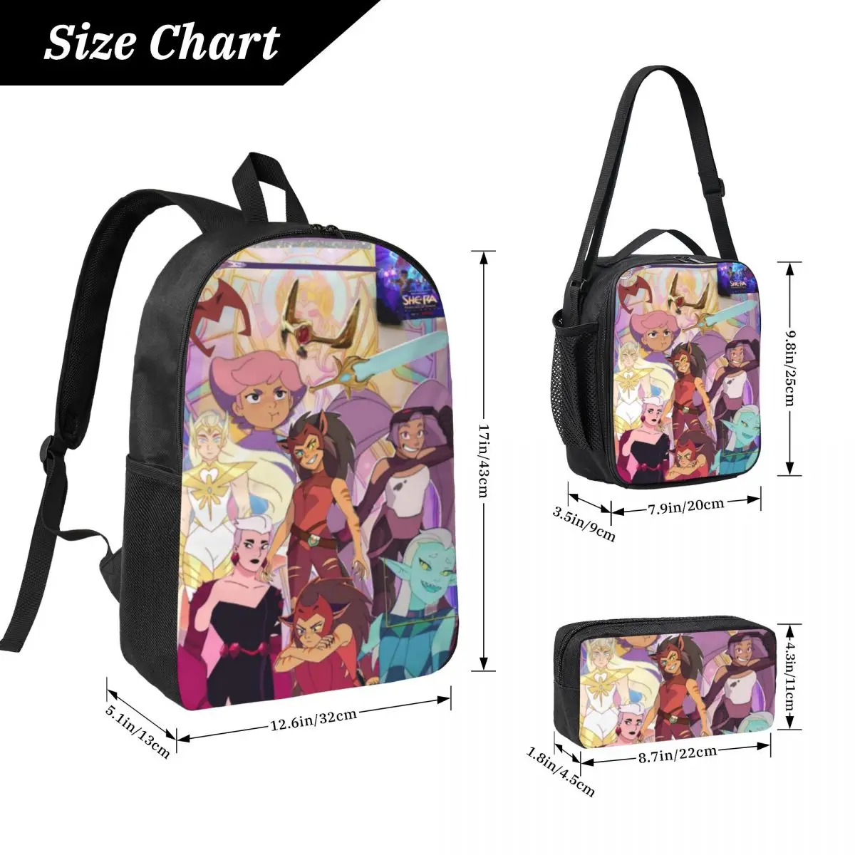 3Pcs She-Ra And The Princesses Of Power Backpack Set for Children Pen Bags Bookbag Sets with Lunch Box For School Daypack