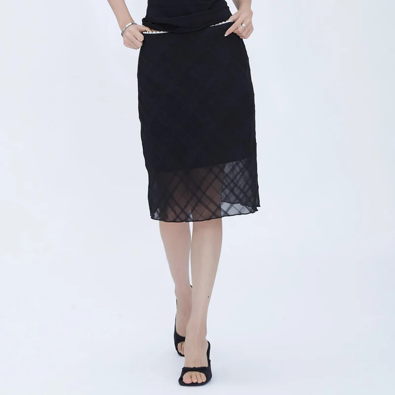 Women Textured Check Mesh Over The Knee Skirt With Side Zip
