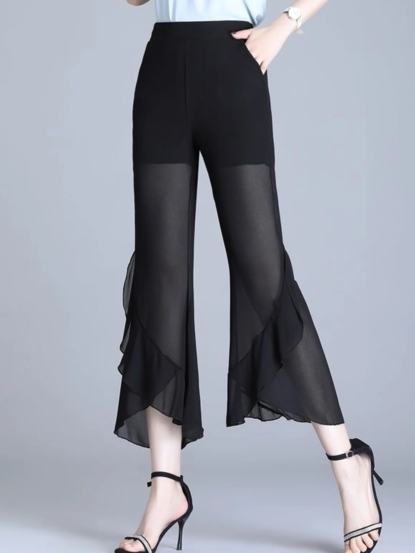 Women's Chiffon Wide Leg Pants Autumn New Style Thin Hanging Sensation Slimming Draping Small Fish Tail Flared Pants Nine Points