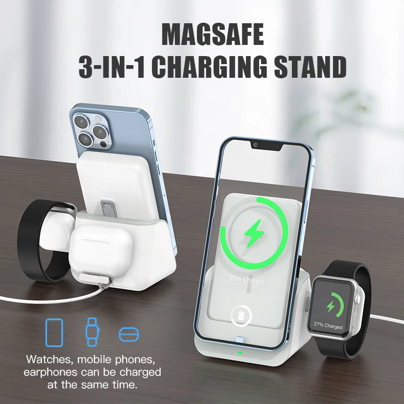 WST 10000mAh Power Bank Magsafe 3 in 1 Power Bank Magnetic 18W Wireless Charging Stand for iPhone Apple Watch AirPods