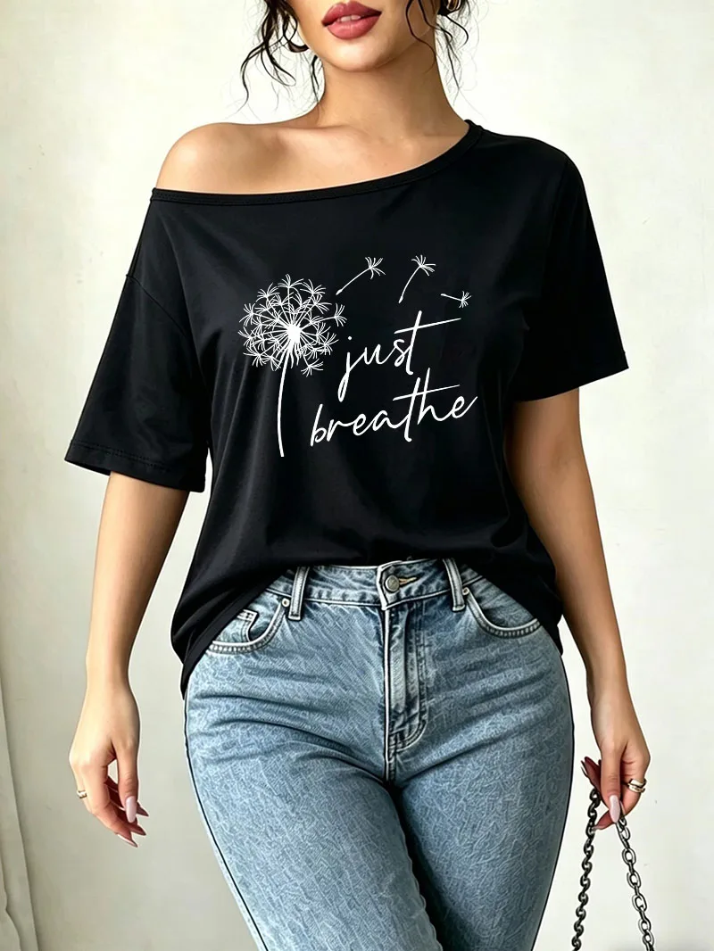 Gothic Just Breathe Dandelion Print Vintage T-shirt Off Shoulder Graphic Tee Fashion Women's Top Summer Spring Top Tee Girls