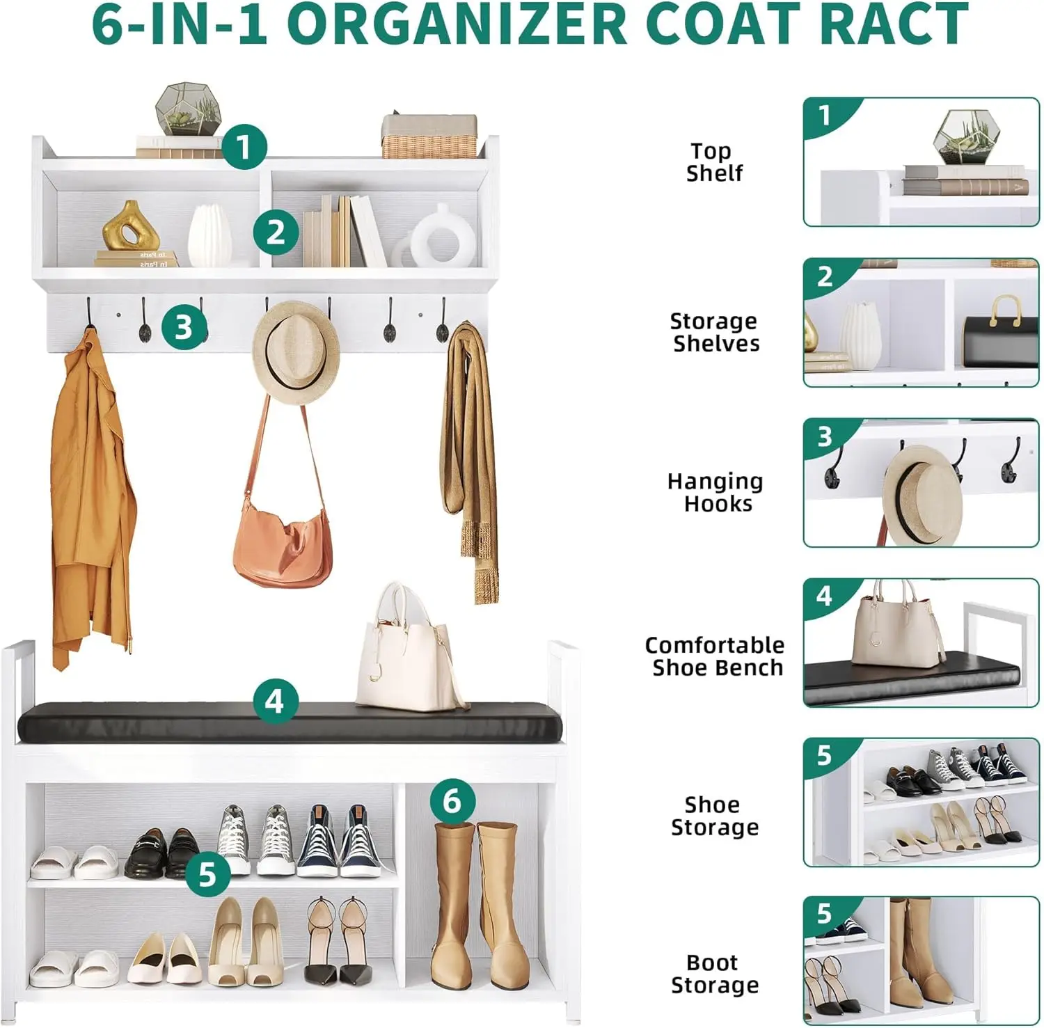 Coat Rack Shoe Bench Set, Wall Coat Rack with Shoe Storage, Industrial Entryway Shoe Bench with Coat Rack, 2 Storage Cubbies wit