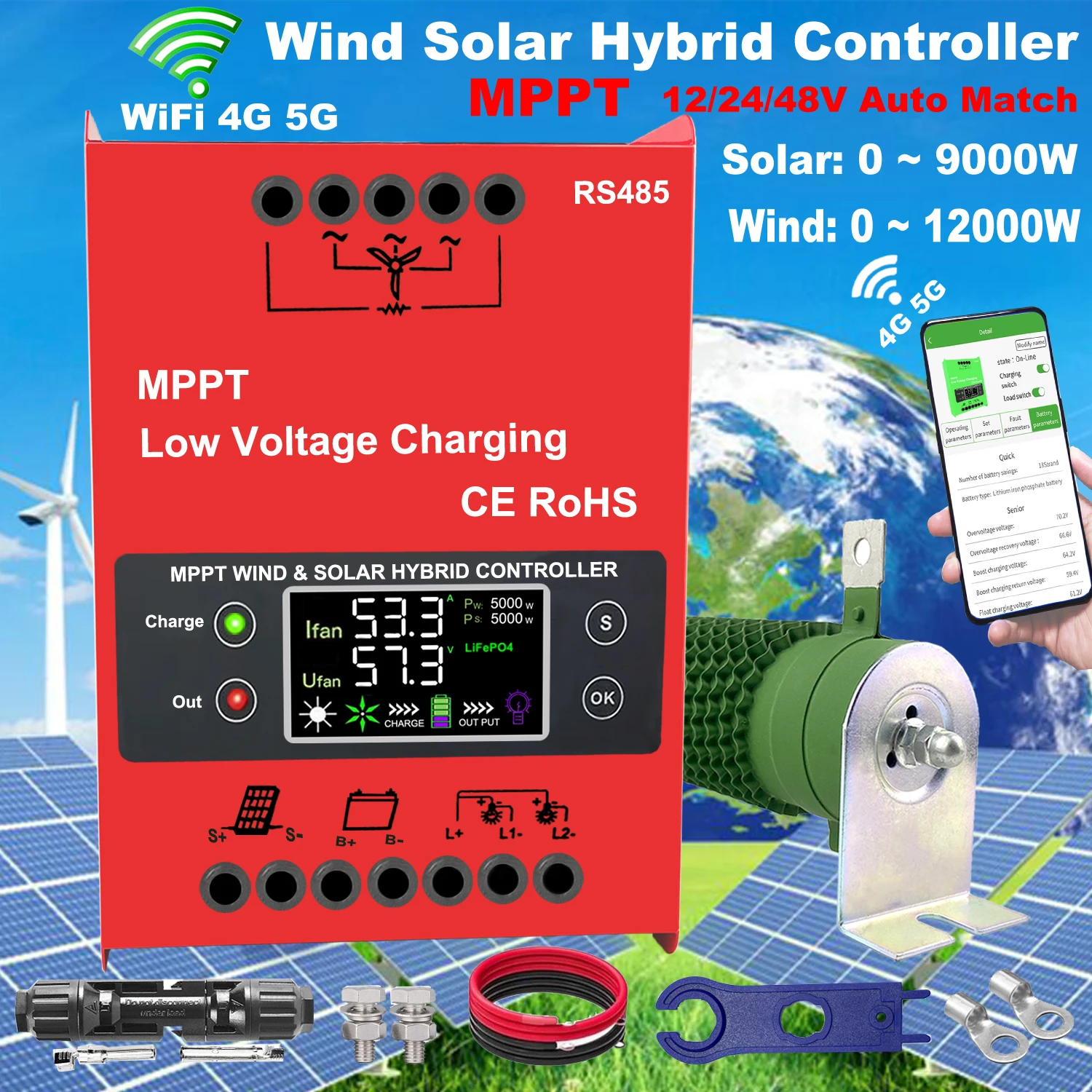 3000W 5000W MPPT Hybrid Wind Solar Power Charge Controller With Built In wifi For 12V 24V 48V Lifepo4 Lithium GEL Battery