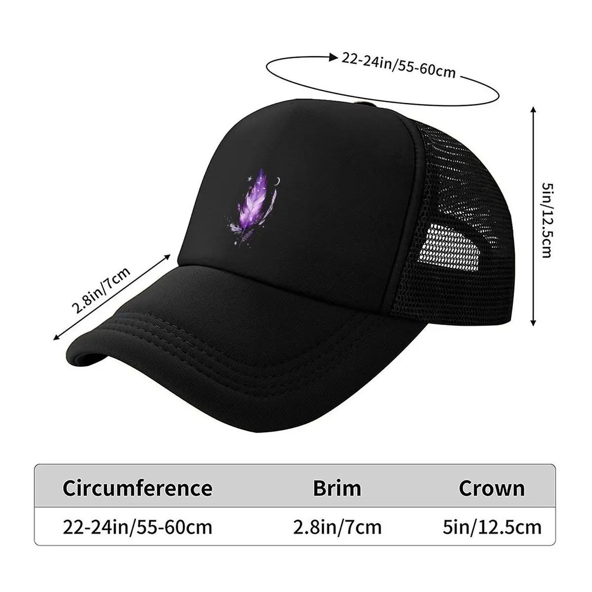 Purple Feather Stars Crescent Moon Celestial Watercolor Design Mesh Baseball Cap Hip Hop
