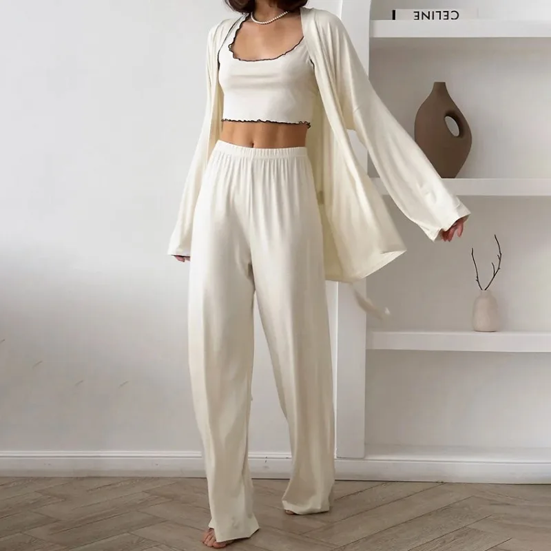 

2025 Women's Soft Skin Friendly 3 Piece Knitted Pajama Set Milk Silk Lace Trim European American Style Autumn Winter Cozy L Size