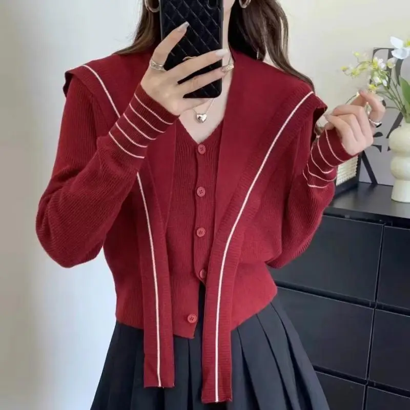 

Slimming Long Sve Knitted Sweater Women's Autumn Faion New Sle ort Navy Collar Korean Sle Loose Fit Button up Card...