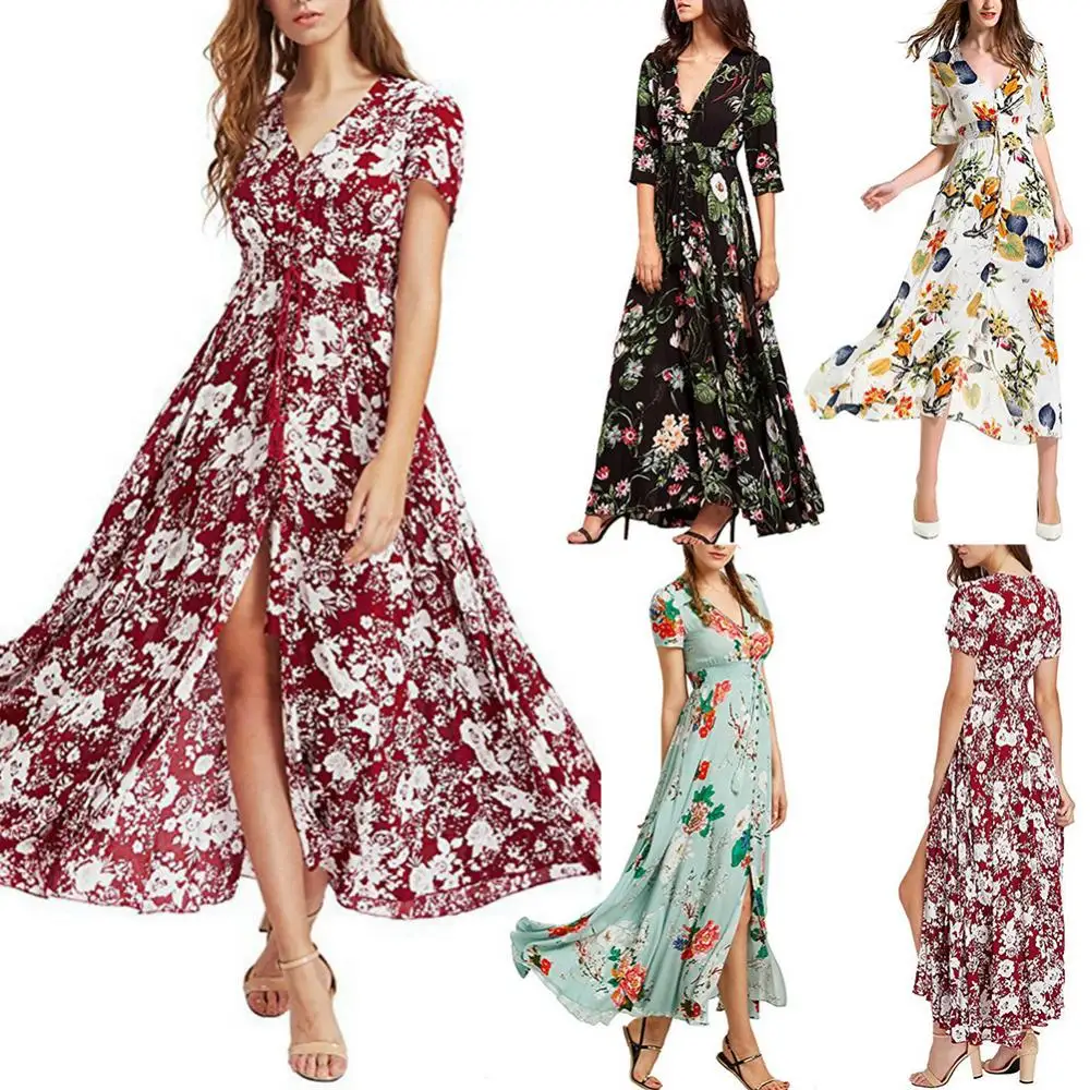 

Party Beach Bohemian Women Dress Vintage Flower Leaf Print V Neck Big Swing Maxi Dress Dresses Woman Summer Dress