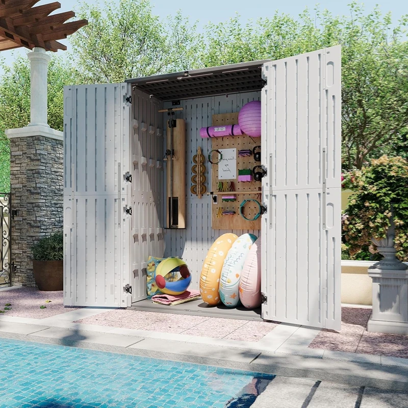 Aoxun 1800L Tall Outdoor Storage Shed with Floor, 133×75.5×190.5 cm Narrow Waterproof Horizontal Resin Cabinet for Garage Storage 64 Cu.Ft,Wheelie Bin Storage, Pool Storage, Plastic Shed, Garden Shed