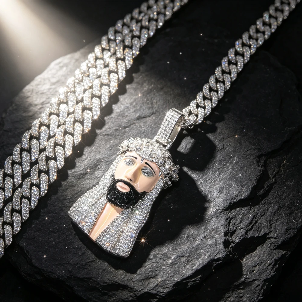 CZ Covered with Diamonds Iced Out Enamel Jesus Face Pendant Fully Paved Cubic Zirconia Cuban Chain Hip Hop Religious Necklace Accessories 18K Gold Plated Bling Crown Thorns Jesus Head Charm Luxury Rapper Streetwear Fine Jewelry Gifts for Men Boy Friends