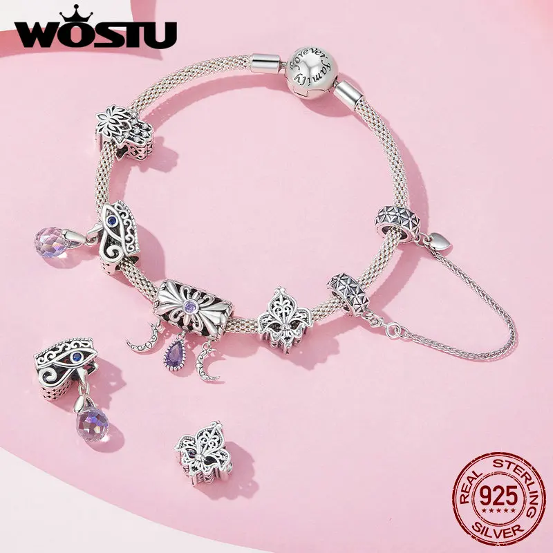 WOSTU 925 Sterling Silver Cross Hand of Fatima Iris Charm Pendant Safety Chain For Women Fit DIY Bracelet Necklace Jewelry Gift