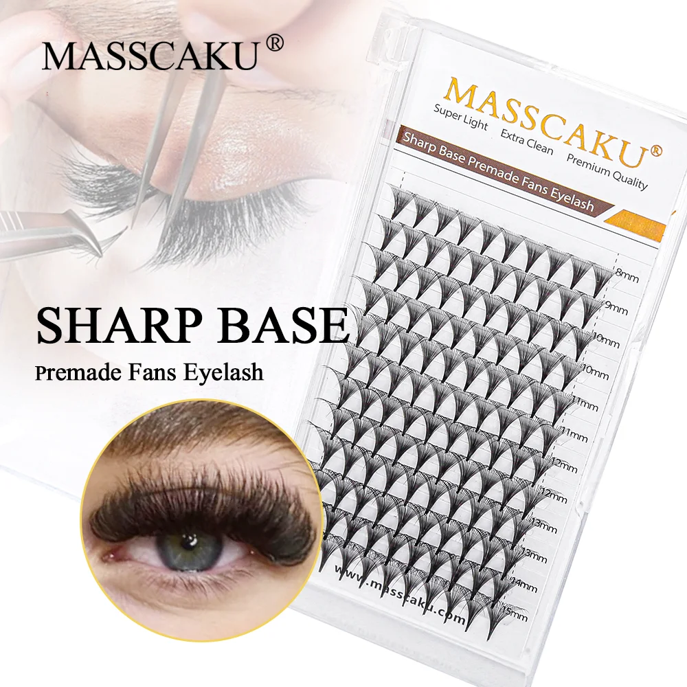 MASSCAKU flat pointy base sharp 12 lines long stem false lashes premade russian volume fans natural eyelash extensions thin root