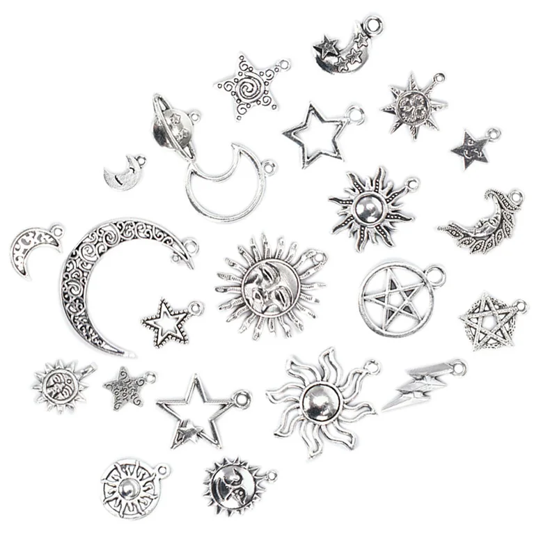 

23Pcs/Set Mixed Silver Star Moon Sun Charms Pendants DIY Craft Jewelry Findings