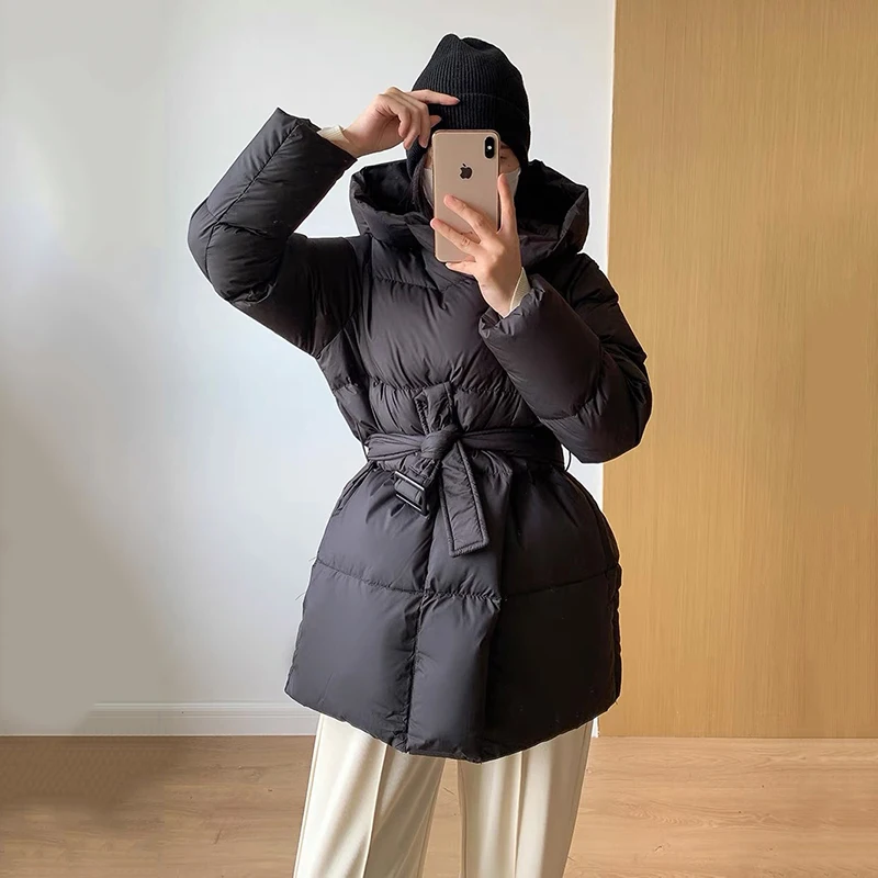 Winter Hooded Slim Lace Up Down Jacket Women Soft White Duck Down Warm Parker Outwears Female Thicken Casual Quilted Jacket