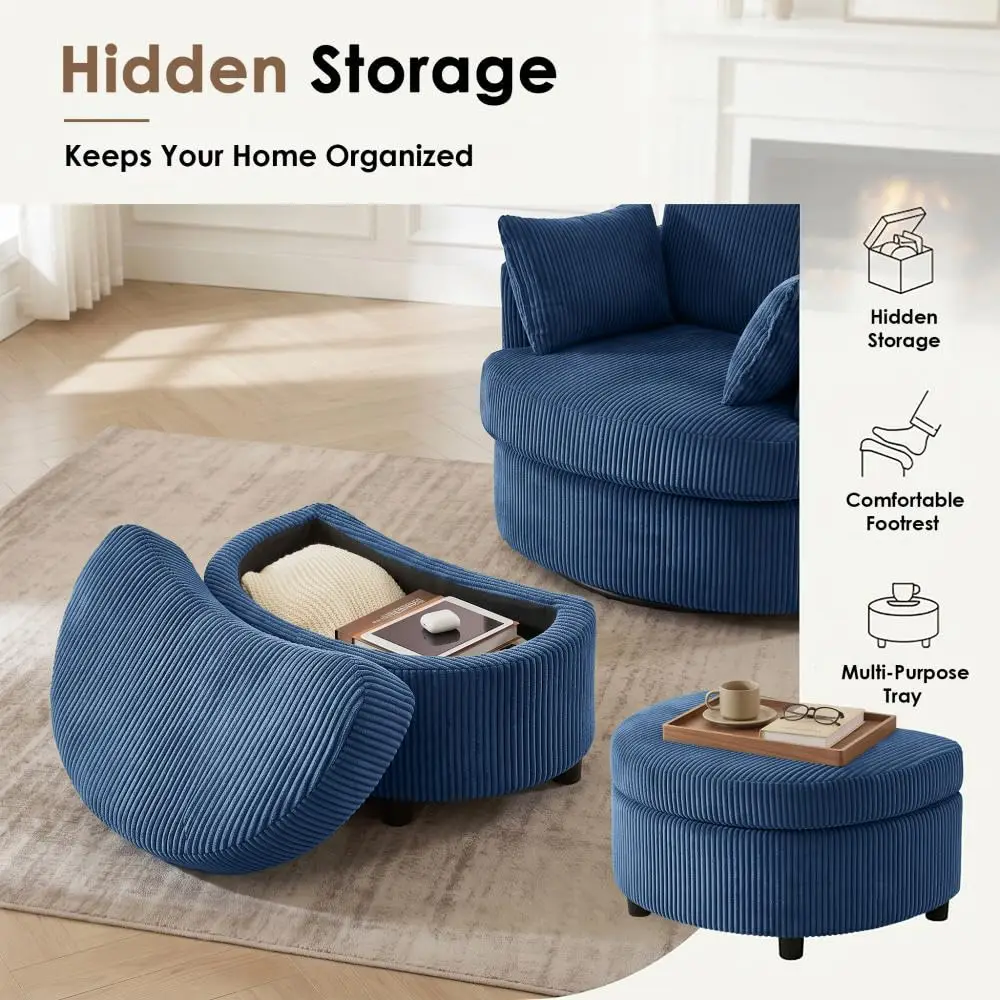 Corduroy Accent Chair with Ottoman, 360° Swivel Barrel Upholstered Reading Chair for Living Room Bedroom, Customized