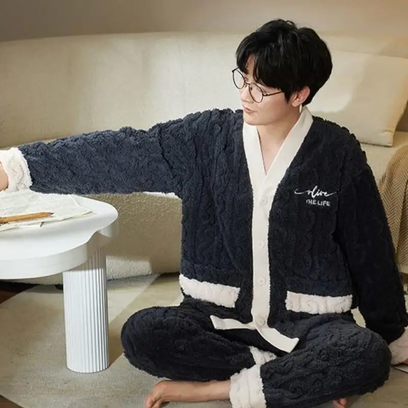 

Man Y2K Winter Clothing Pajamas Men Clothing Autumn Sportswear Youth Casual Wear Bath Clothes Flannel 2Pcs/set Homewear Thicken